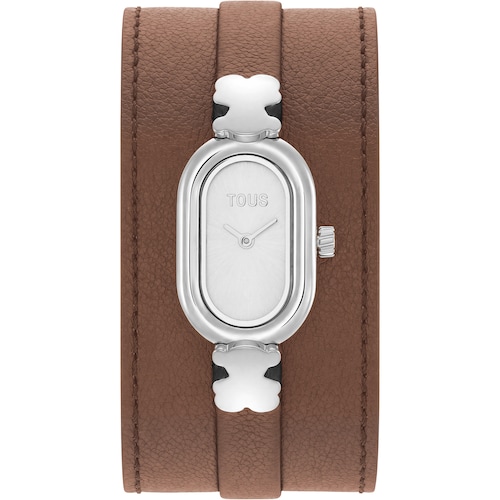 Analoguhr aus Stahl und braunem Leder TOUS Oval Time
