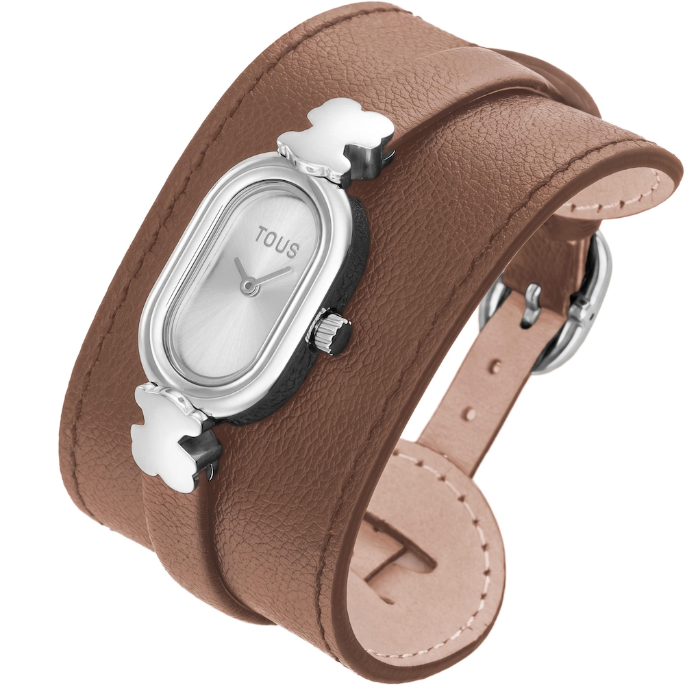Analoguhr aus Stahl und braunem Leder TOUS Oval Time