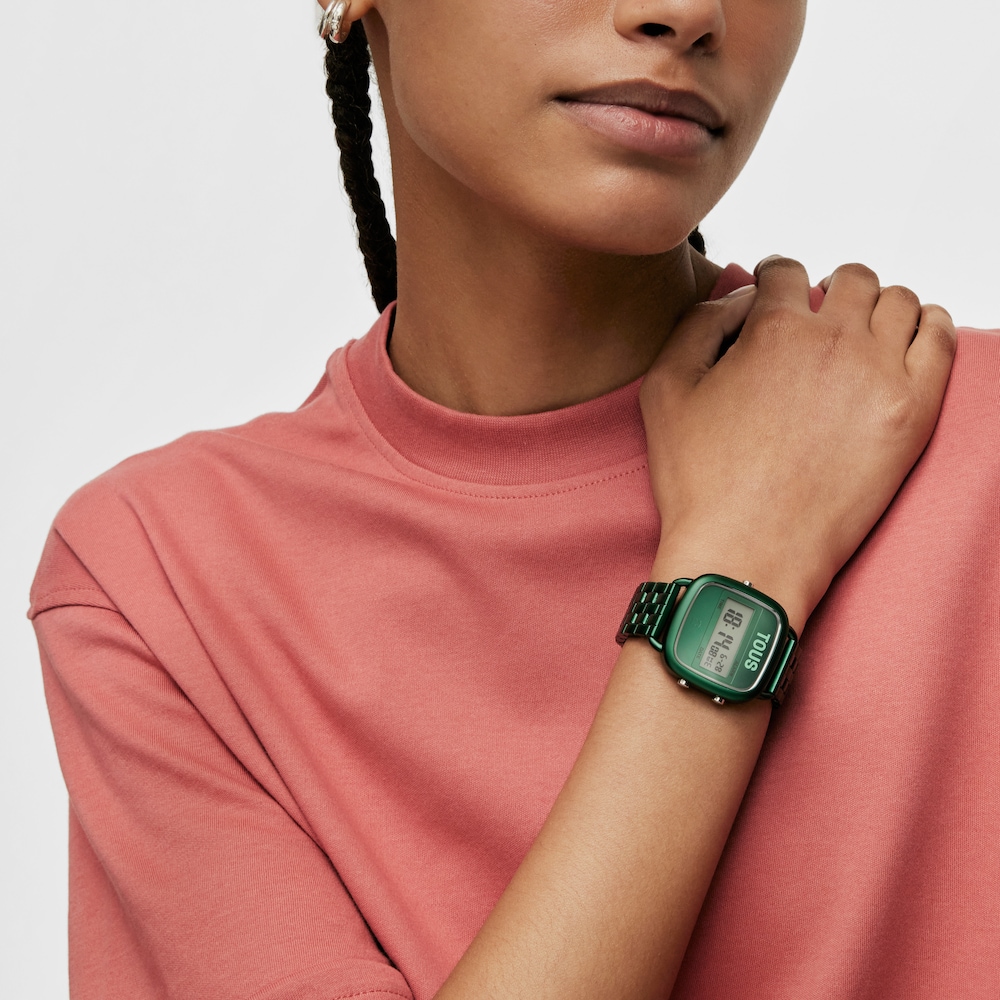 Digit&aacute;ln&iacute; hodinky D-Logo se zelen&yacute;m ocelov&yacute;m řem&iacute;nkem