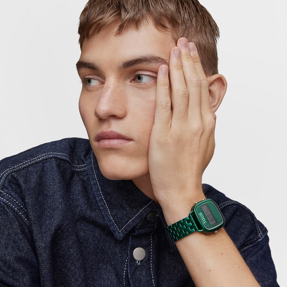 D-Logo Digital watch with green steel strap image number 6
