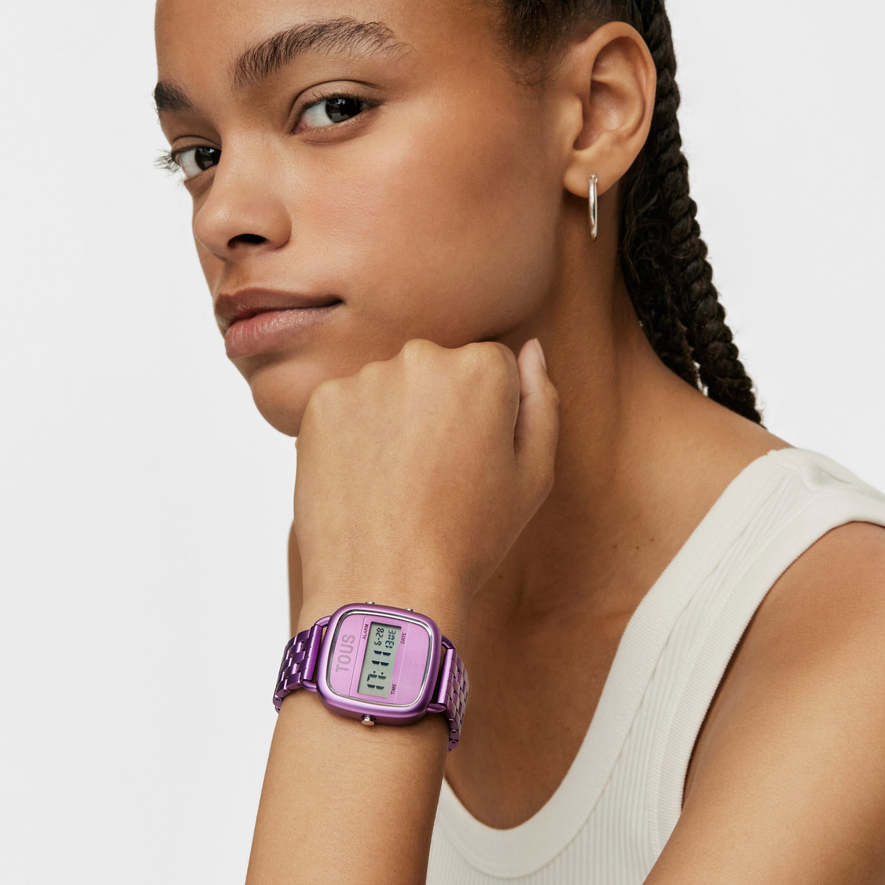 D-Logo Digital watch with fuchsia steel strap