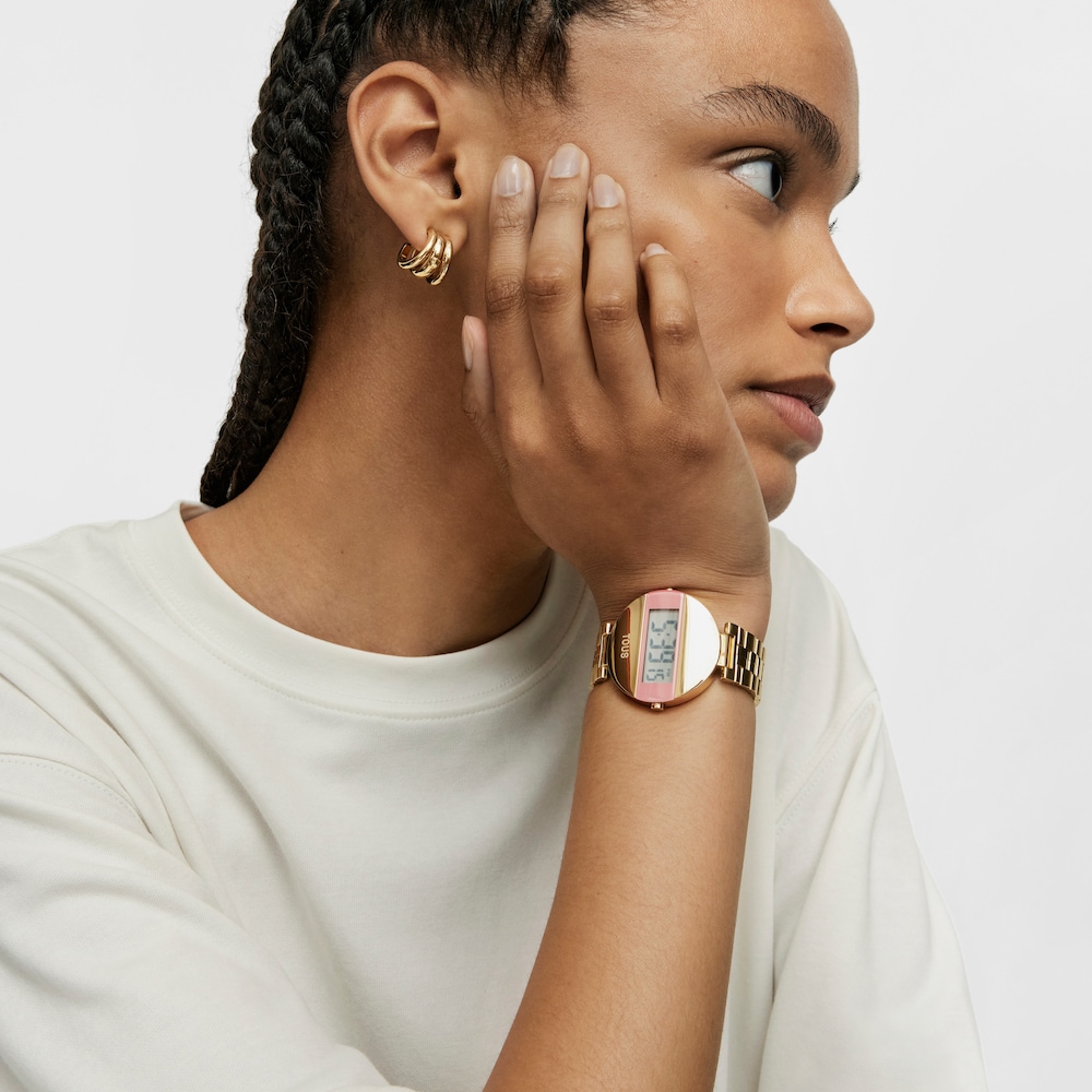 Reloj digital con brazalete de acero IPG dorado y color rosa MARS
