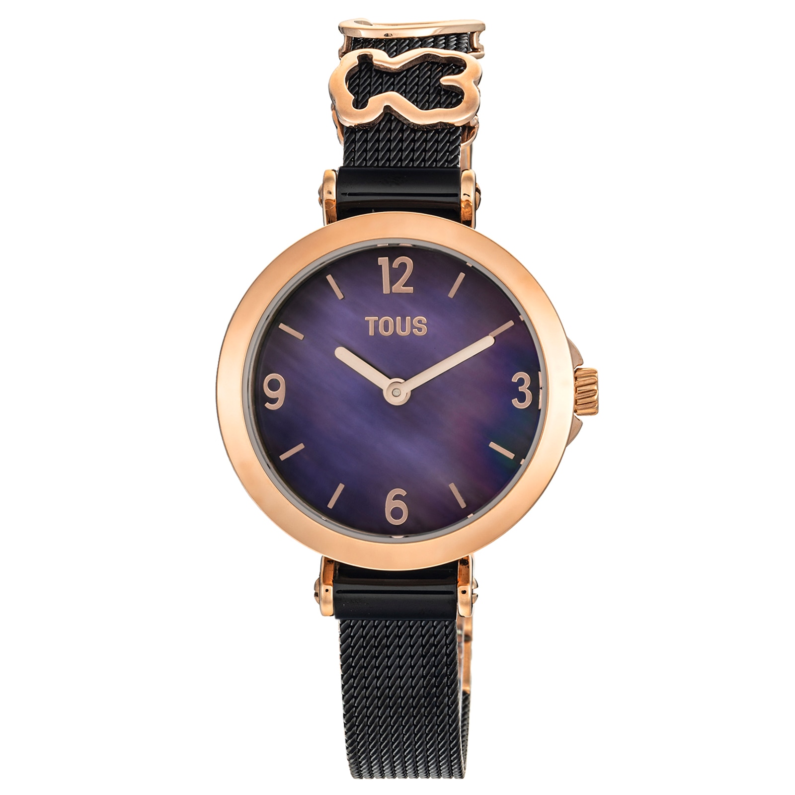 Reloj analógico con brazalete de acero IP negro y acero IPRG rosa Icon Charms