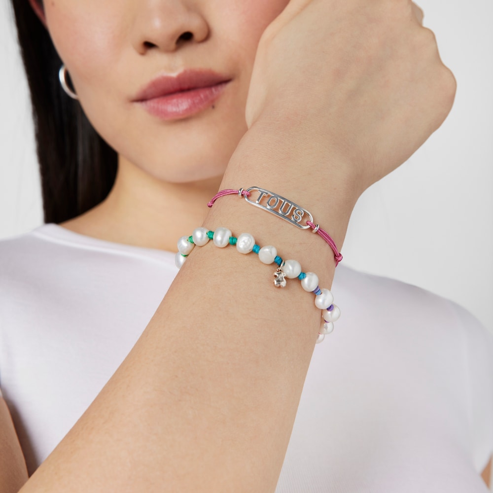 Pink nylon Bracelet with silver Logo