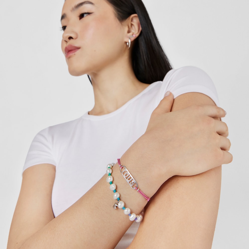 Pink nylon Bracelet with silver Logo