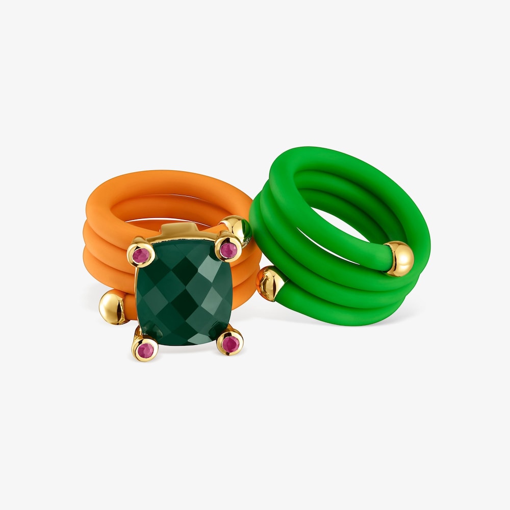 Pack de anillos verde y naranja con gemas Beach Caucho