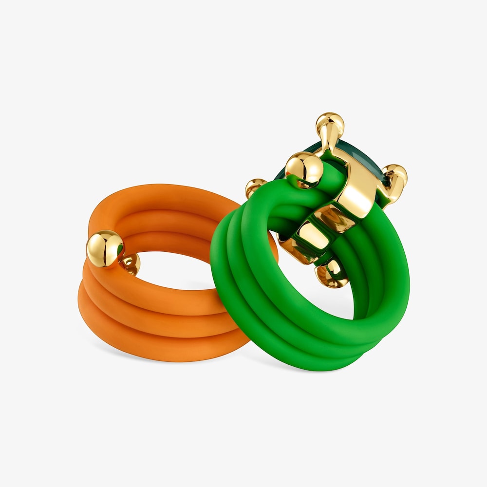 Pack de anillos verde y naranja con gemas Beach Caucho