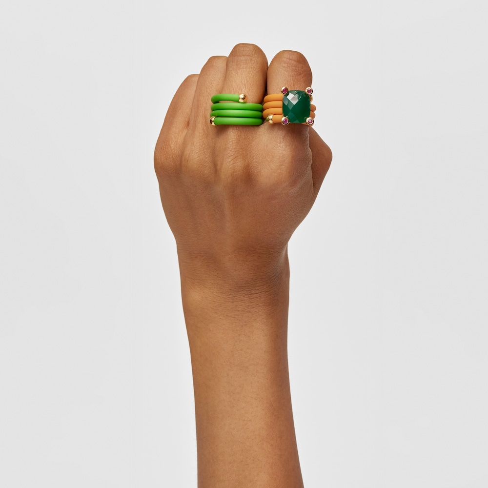 Pack de anillos verde y naranja con gemas Beach Caucho