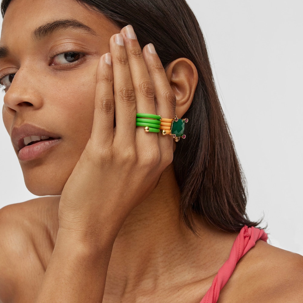 Pack de anillos verde y naranja con gemas Beach Caucho