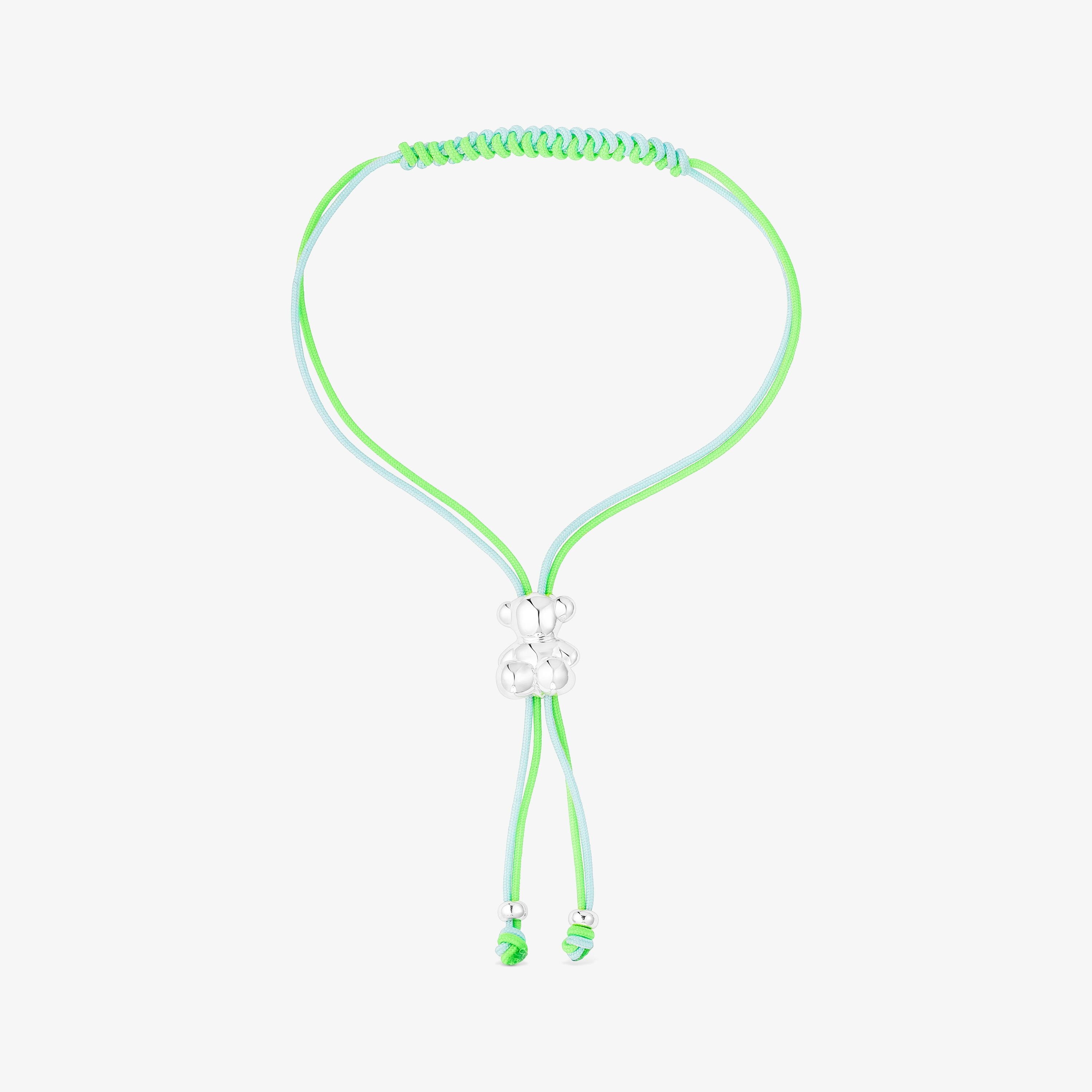 Bold Bear Bracelet with green and blue cord and a silver bear