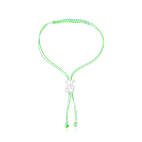 Bold Bear Bracelet with green and blue cord and a silver bear