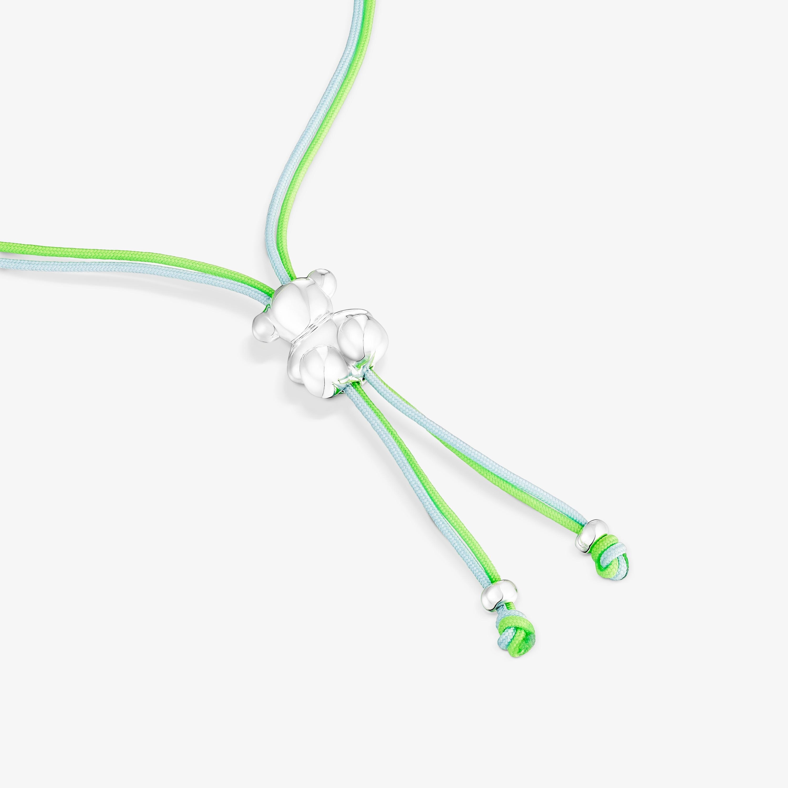 Bold Bear Bracelet with green and blue cord and a silver bear