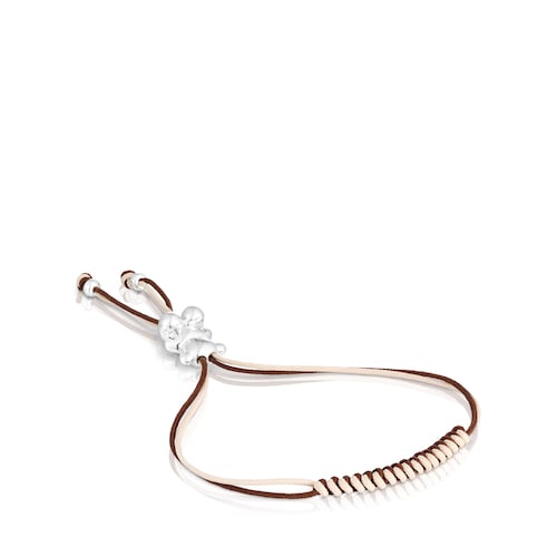 Bold Bear Bracelet with brown and beige cord and a silver bear image number 0