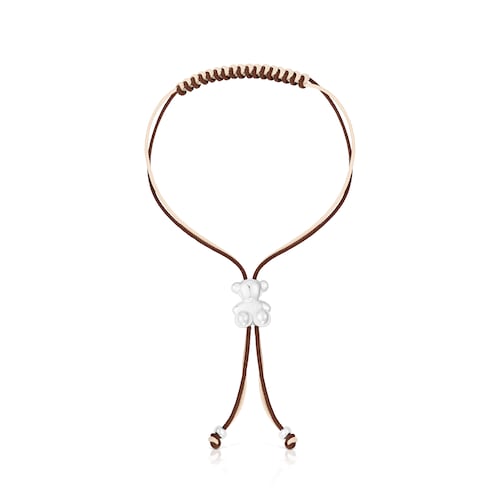 Pulseira de cord&atilde;o castanho e bege com urso em prata Bold Bear