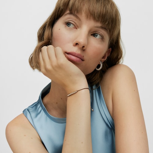 Pulseira de cord&atilde;o castanho e bege com urso em prata Bold Bear