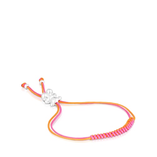 Bold Bear Bracelet with fuchsia and orange cord and a silver bear