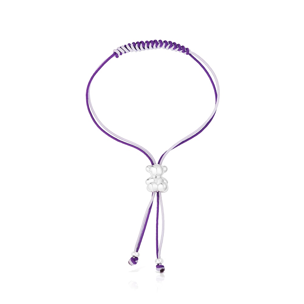 Pulsera de cordón lila y malva con oso de plata Bold Bear image number 1