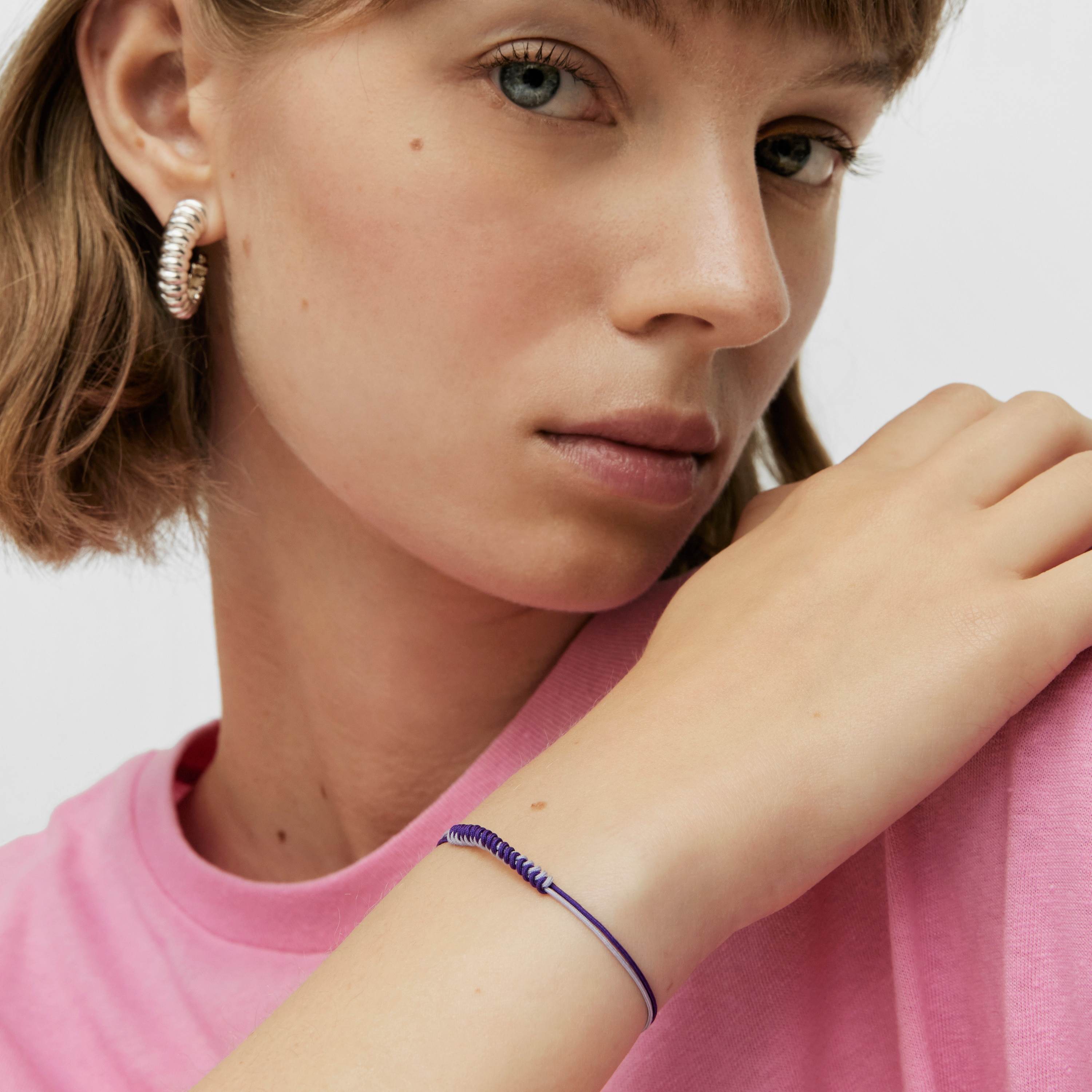 Bold Bear Bracelet with lilac and mauve cord and a silver bear