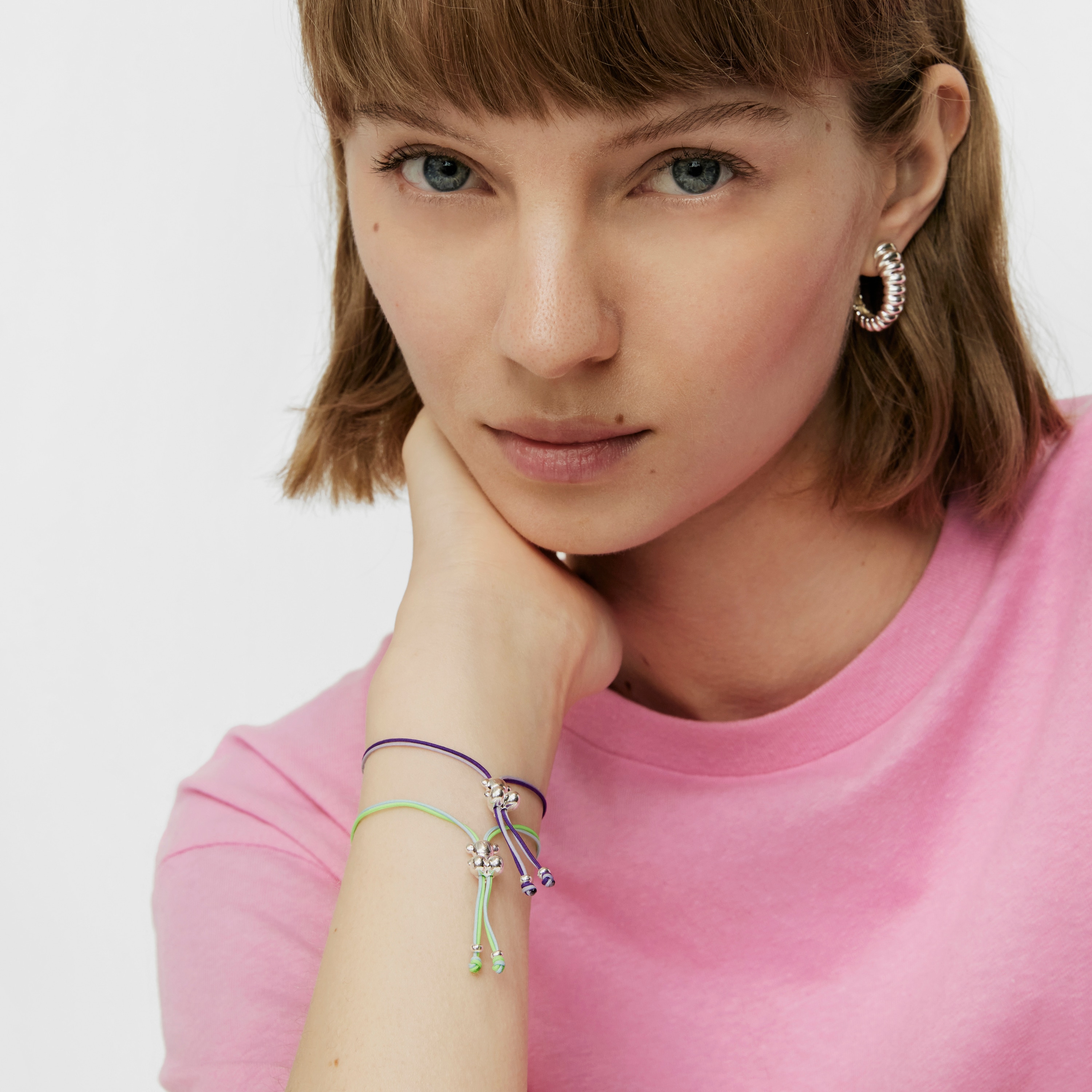 Bold Bear Bracelet with lilac and mauve cord and a silver bear