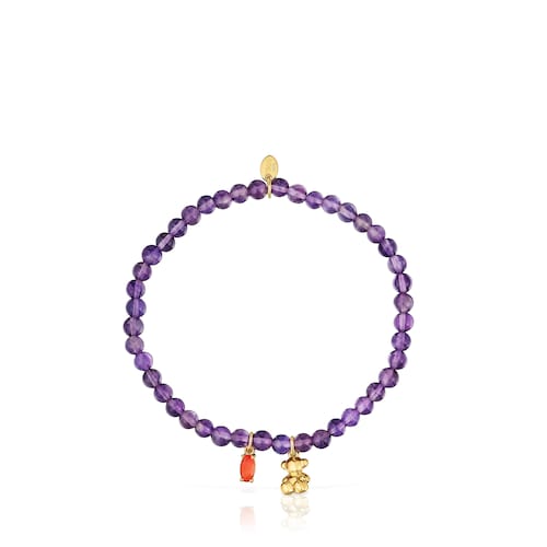 Elastic Bracelet with gold plating over silver, amethyst and carnelian Bold Bear