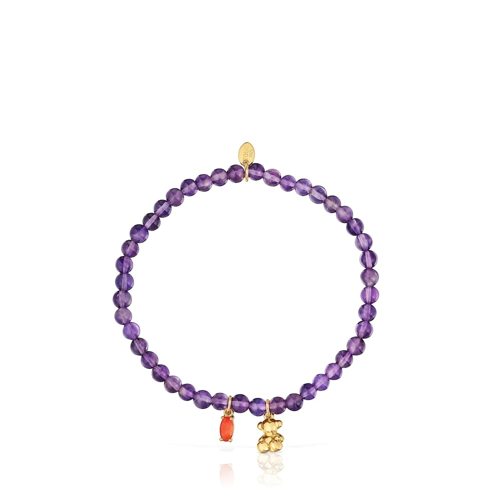 Elastyczna pozłacana bransoletka Bold Bear ze srebra, z ametystem i karneolem