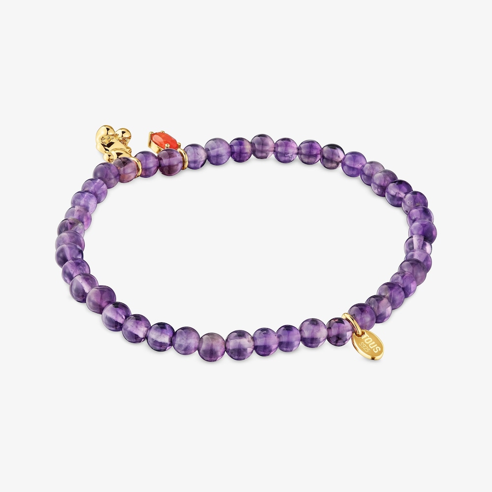 Elastyczna pozłacana bransoletka Bold Bear ze srebra, z ametystem i karneolem