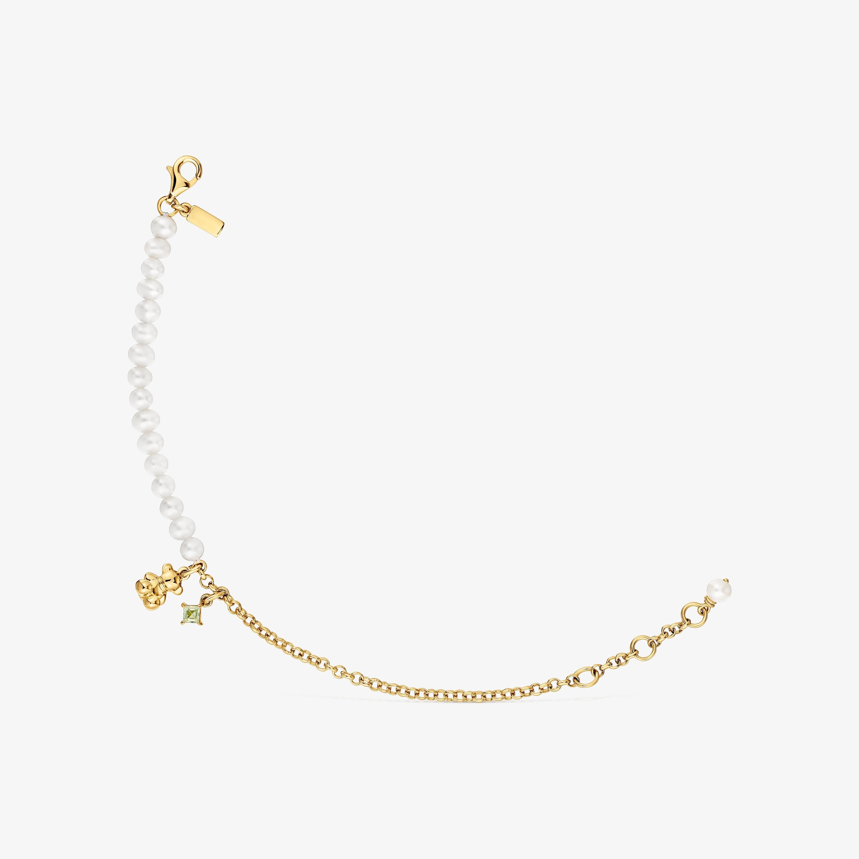 Chain bear Bracelet with 18K gold vermeil, cultured pearls and peridot Bold Bear
