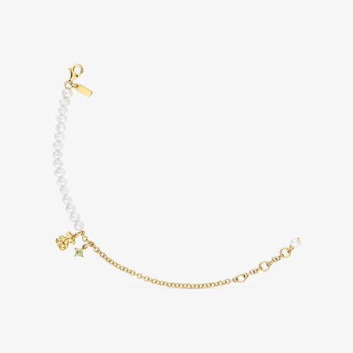 Pulsera cadena oso con ba&ntilde;o de oro sobre plata, perlas cultivadas y peridoto Bold Bear