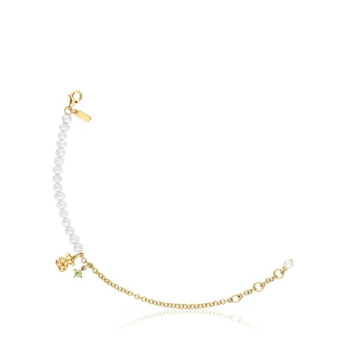 Chain bear Bracelet with gold plating over silver, cultured pearls and peridot Bold Bear