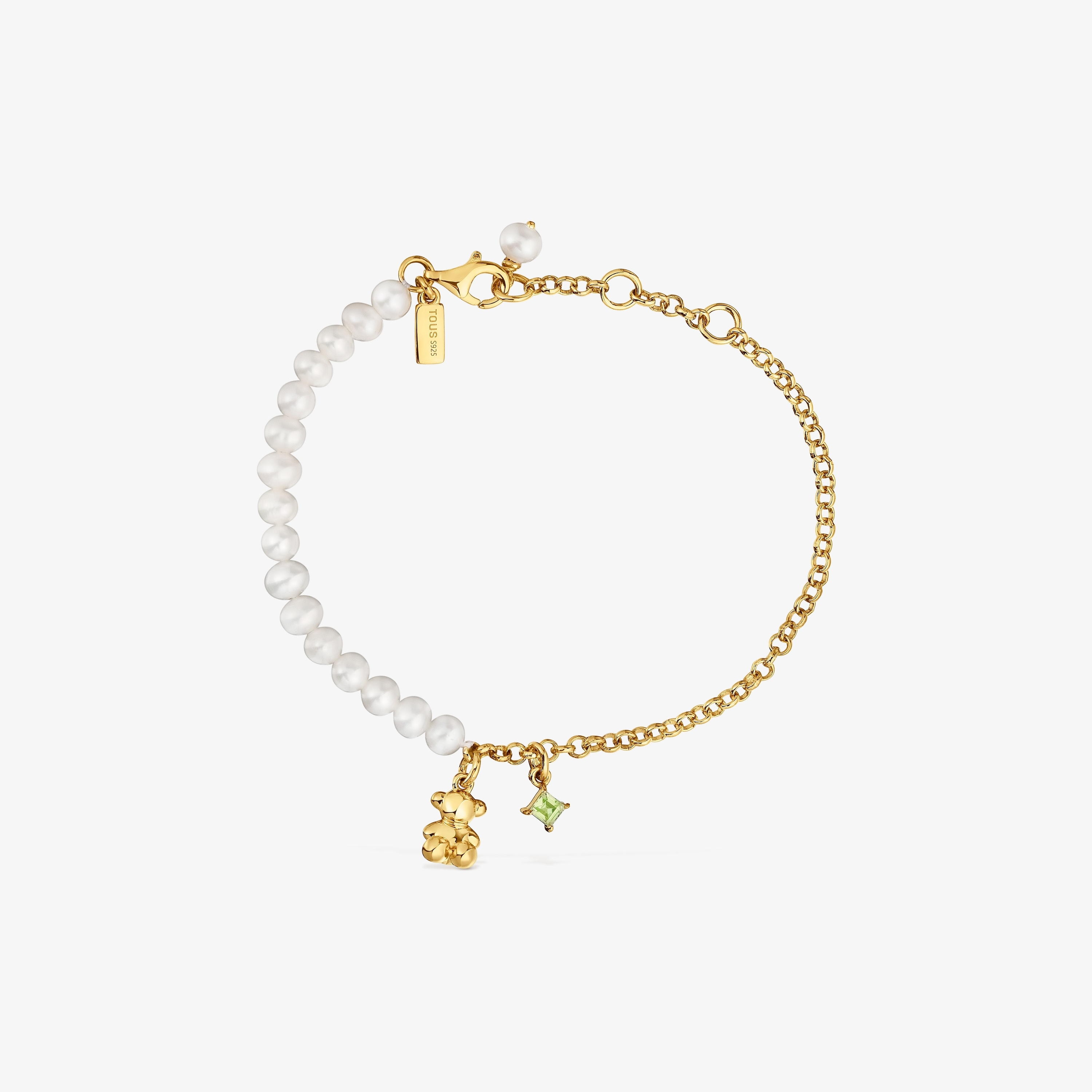 Chain bear Bracelet with 18K gold vermeil, cultured pearls and peridot Bold Bear