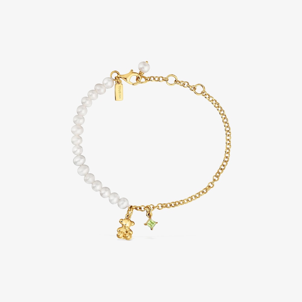 Chain bear Bracelet with 18K gold vermeil, cultured pearls and peridot Bold Bear