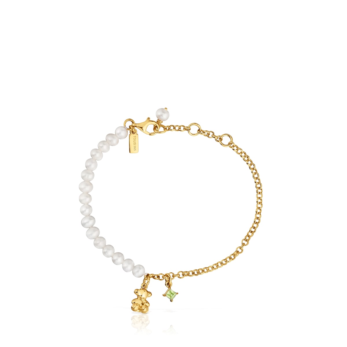 Chain bear Bracelet with gold plating over silver, cultured pearls and peridot Bold Bear