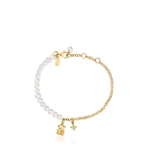 Chain bear Bracelet with gold plating over silver, cultured pearls and peridot Bold Bear