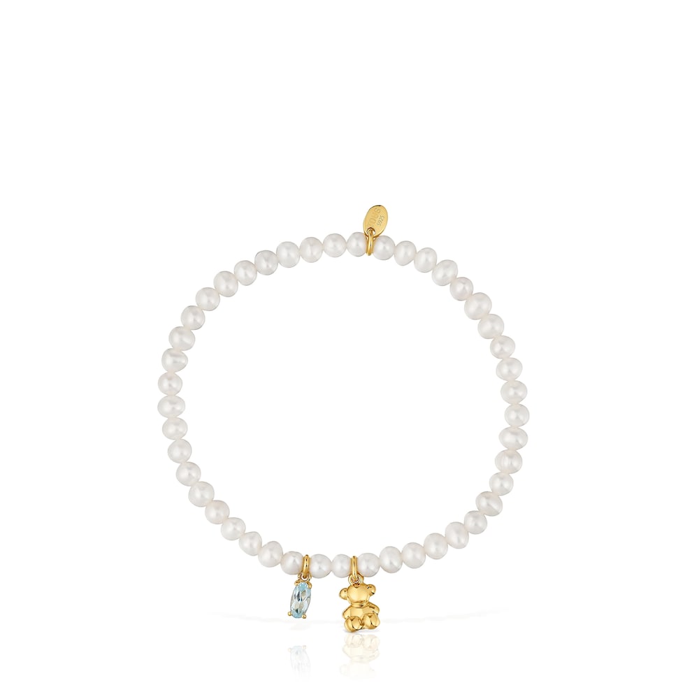 Elastic Bracelet with gold plating over silver, cultured pearl and topaz Bold Bear