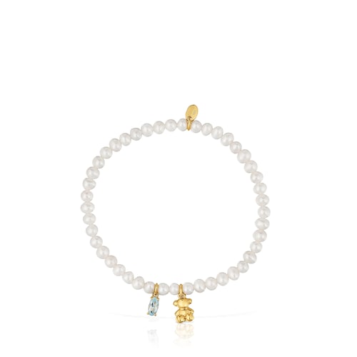 Elastic Bracelet with gold plating over silver, cultured pearl and topaz Bold Bear