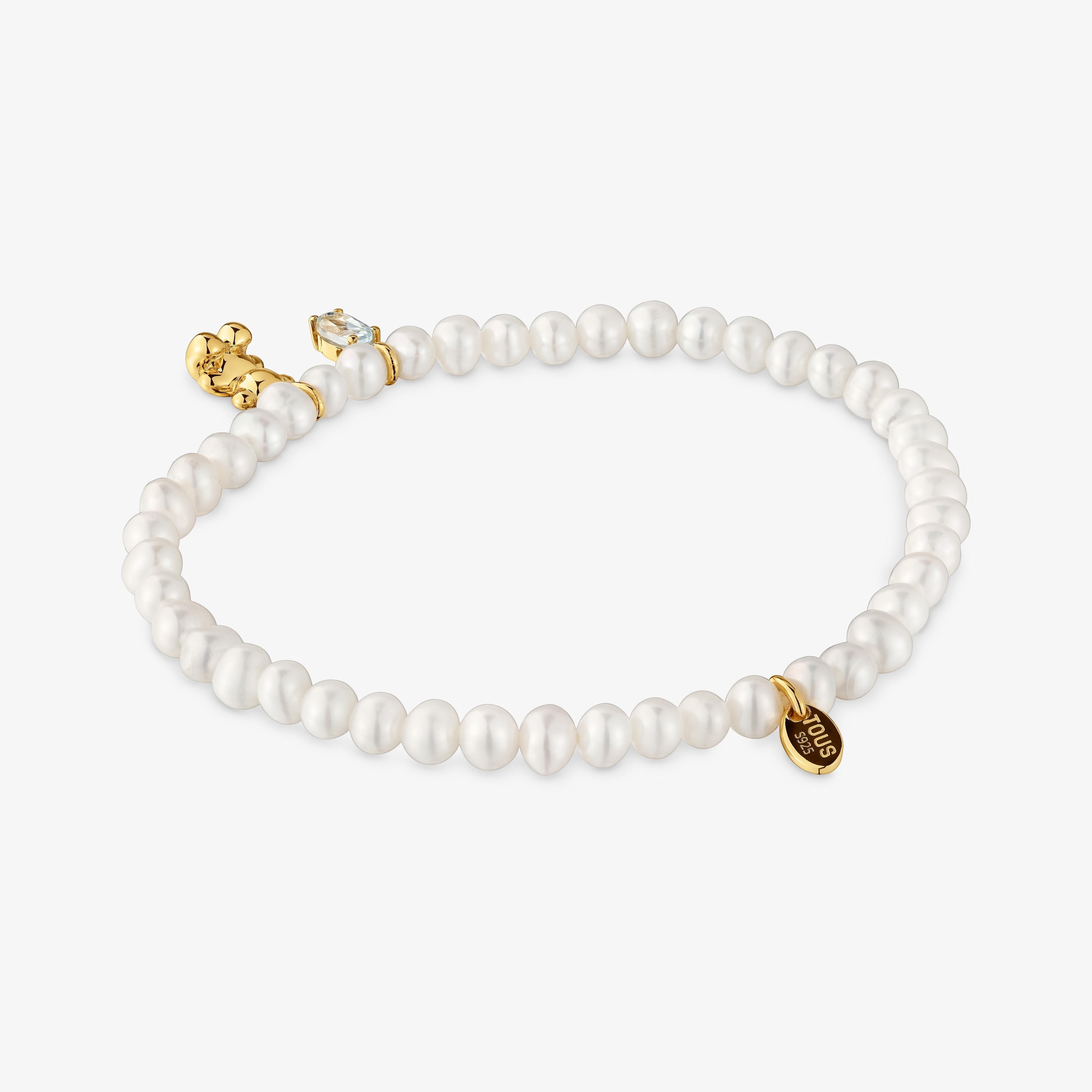 Elastic Bracelet with 18K gold vermeil, cultured pearl and topaz Bold Bear