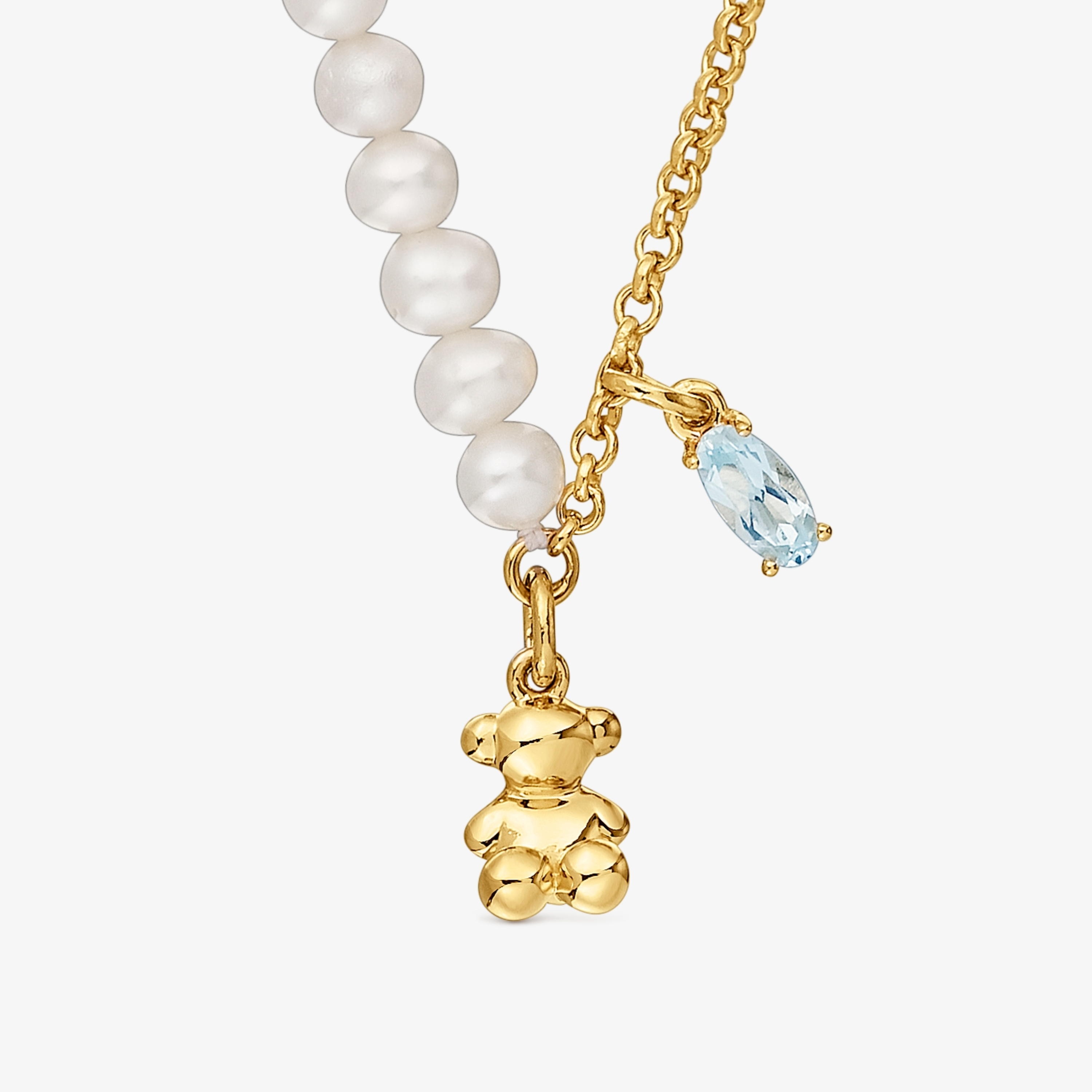 Short bear Necklace with 18K gold vermeil, cultured pearls and topaz Bold Bear