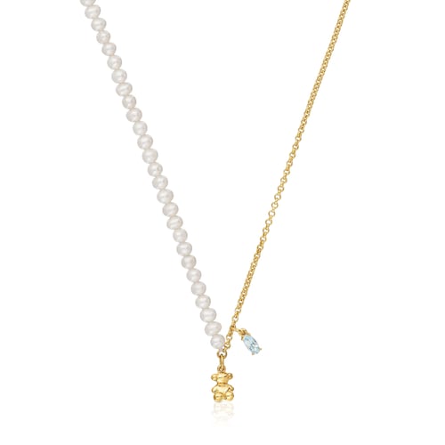 Short bear Necklace with gold plating over silver, cultured pearls and topaz Bold Bear