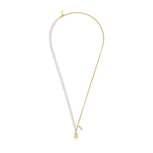 Short bear Necklace with gold plating over silver, cultured pearls and topaz Bold Bear