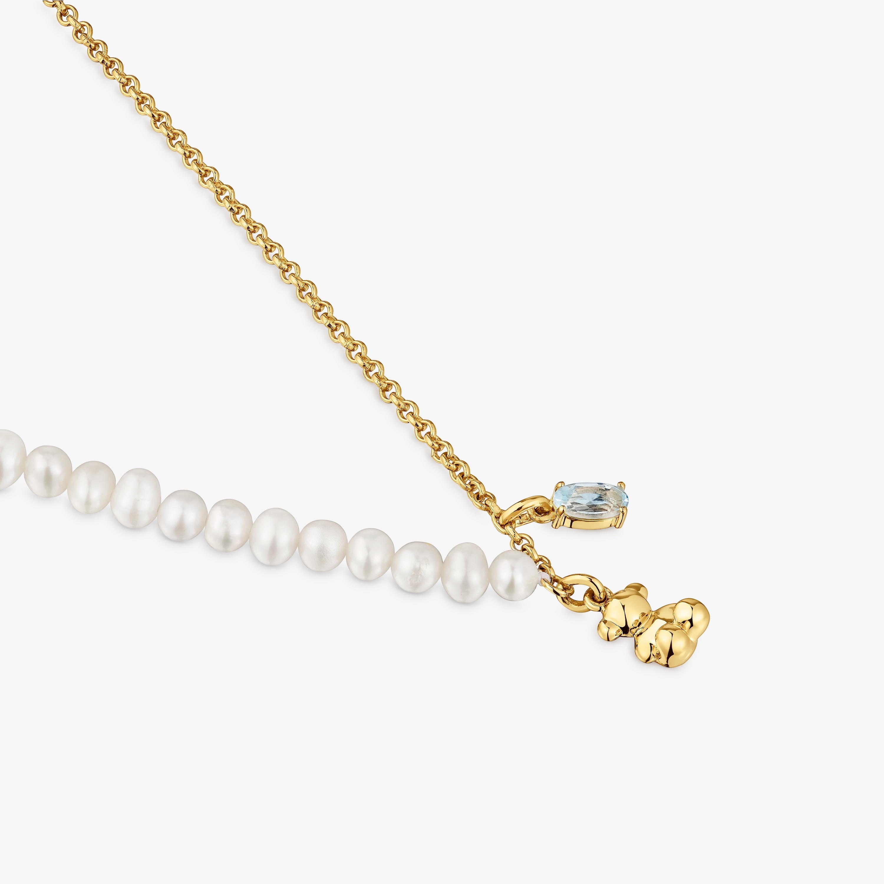 Short bear Necklace with 18K gold vermeil, cultured pearls and topaz Bold Bear
