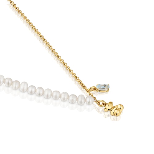 Short bear Necklace with gold plating over silver, cultured pearls and topaz Bold Bear