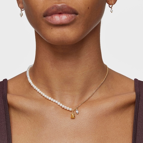 Short bear Necklace with gold plating over silver, cultured pearls and topaz Bold Bear