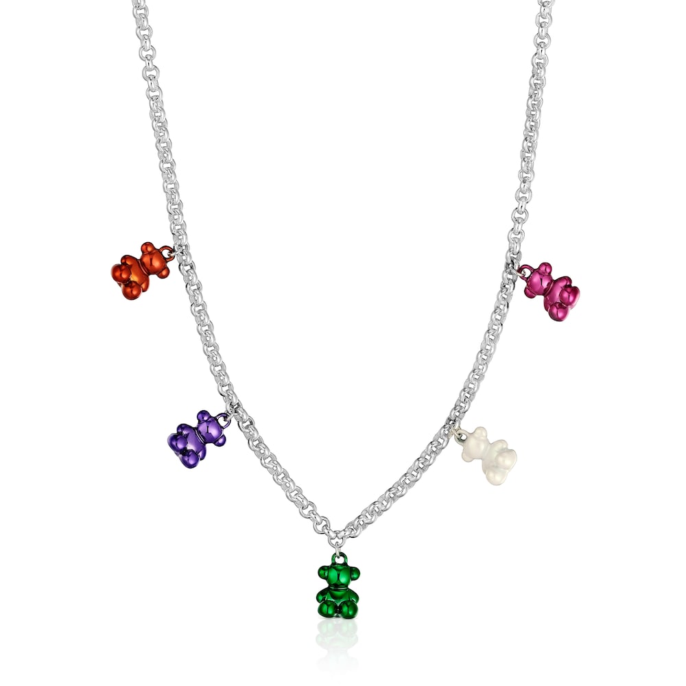 Collar de plata con 5 osos de acero de colores Bold Bear