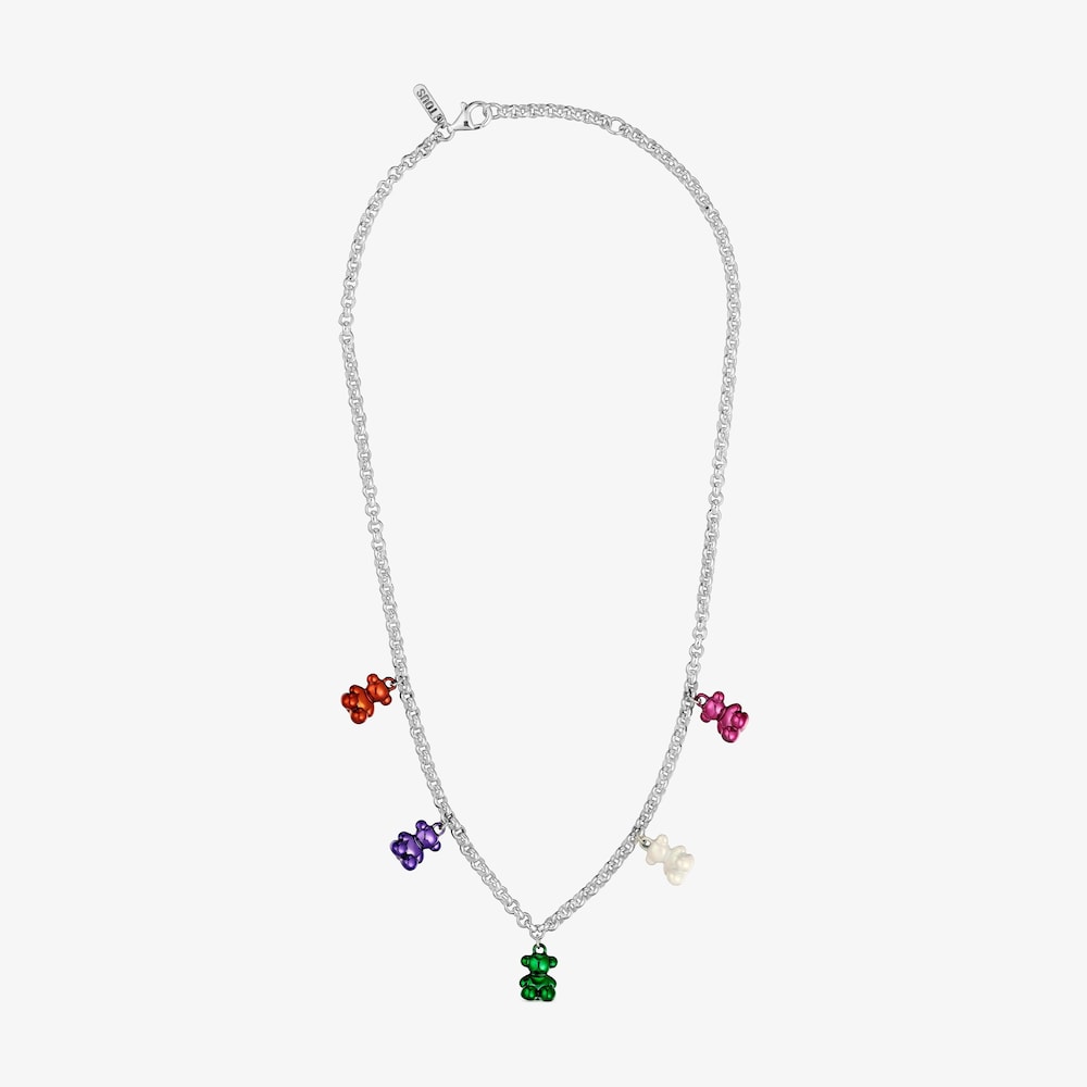 Collar de plata con 5 osos de acero de colores Bold Bear