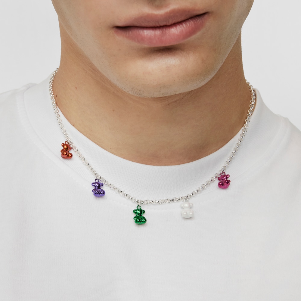 Collar de plata con 5 osos de acero de colores Bold Bear