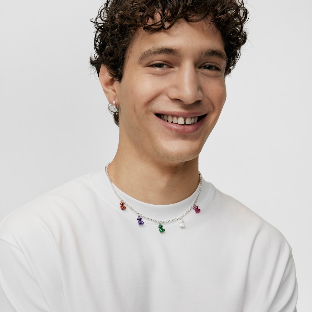 Collar de plata con 5 osos de acero de colores Bold Bear