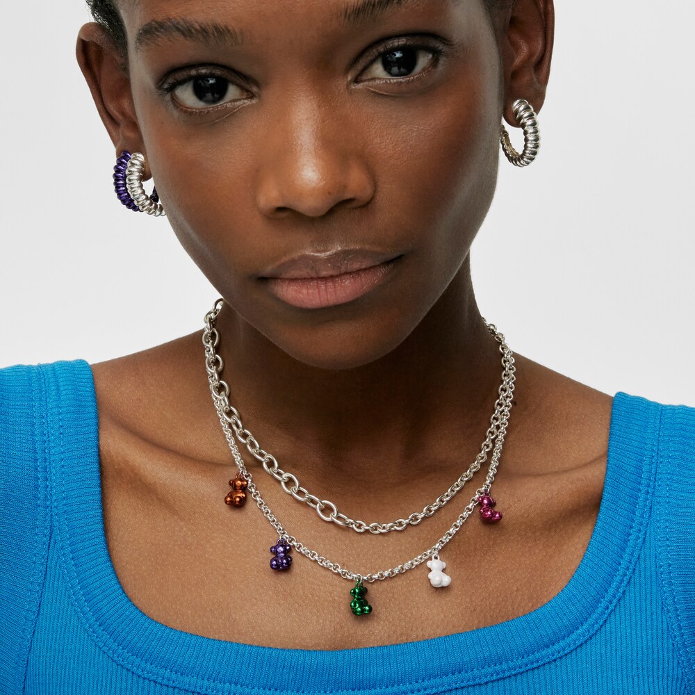 Collar de plata con 5 osos de acero de colores Bold Bear