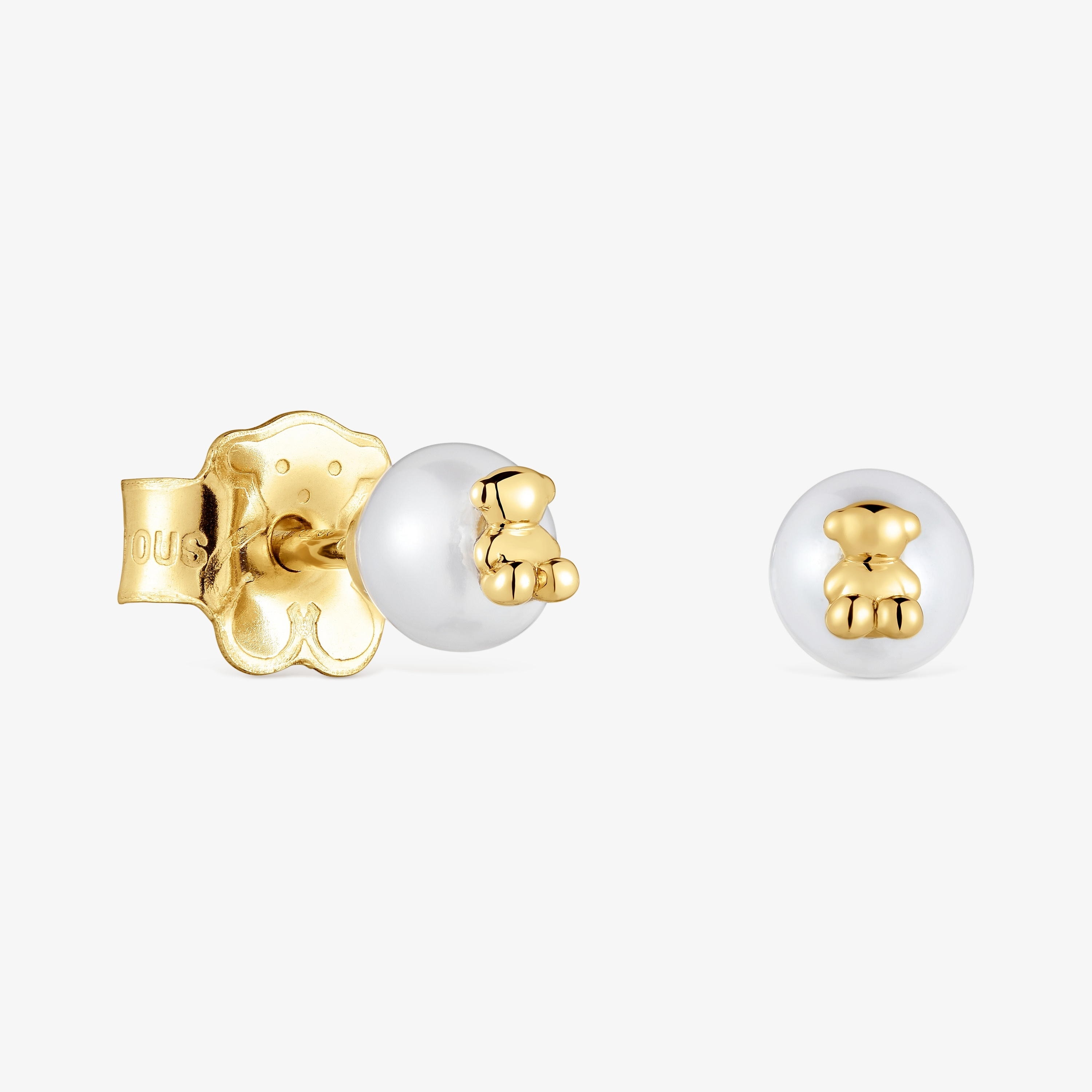 18K solid gold Earrings with cultured pearl and bear charm Bold Bear