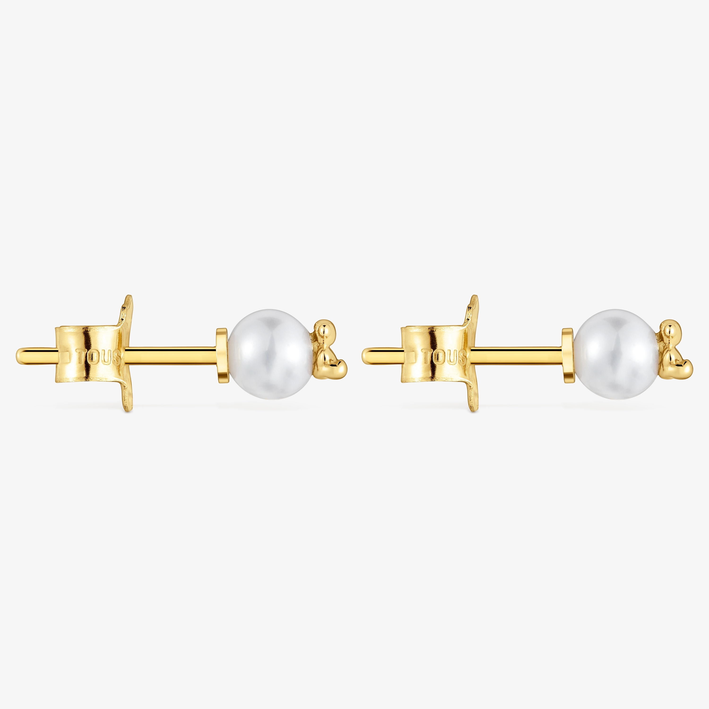 18K solid gold Earrings with cultured pearl and bear charm Bold Bear