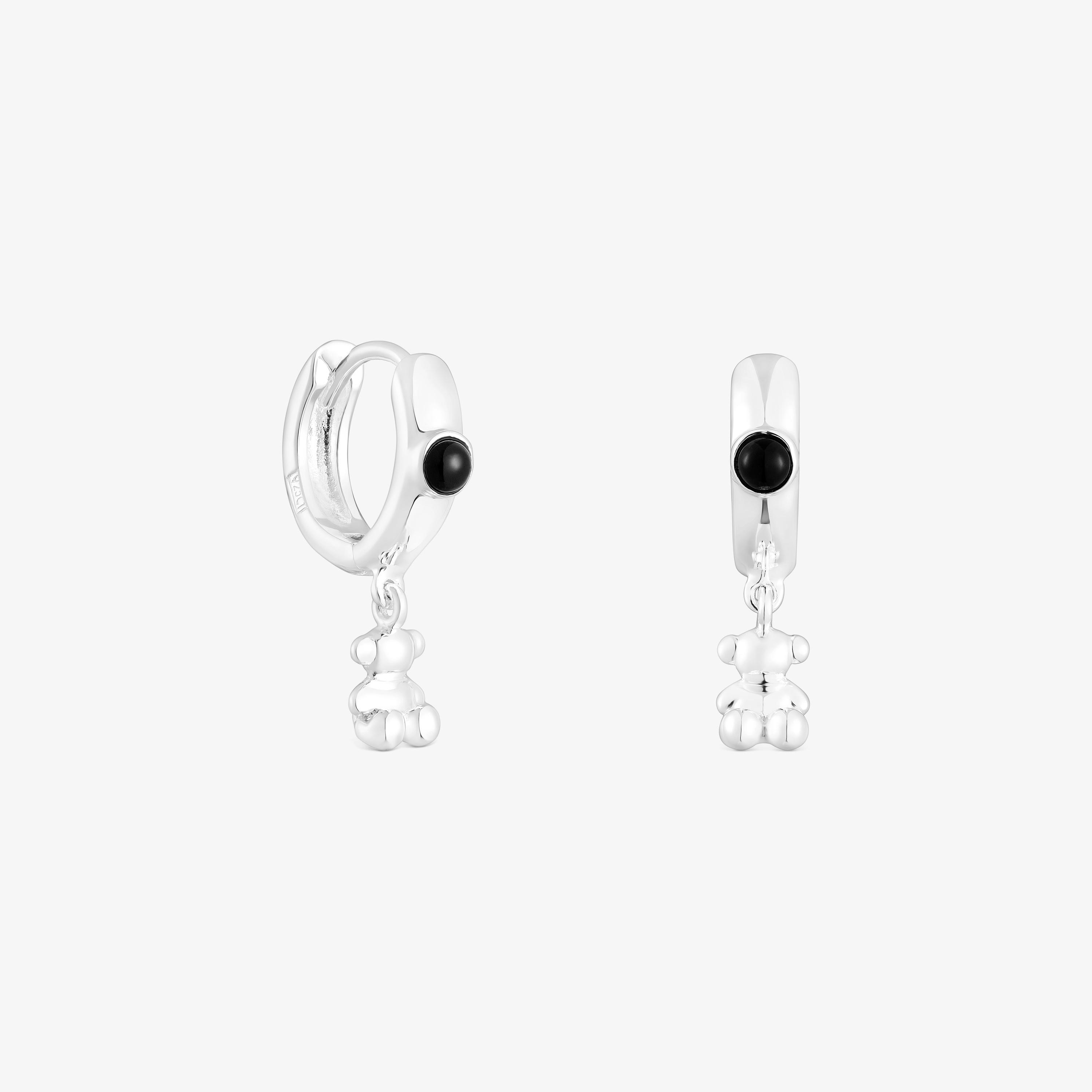 Silver Bold Bear Hoop earrings with onyx and bear charm